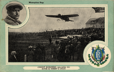 601918 Afbeelding van de aankomst van vliegenier Gibert in een Monoplan Rep vliegtuig op de vliegbasis Soesterberg te ...